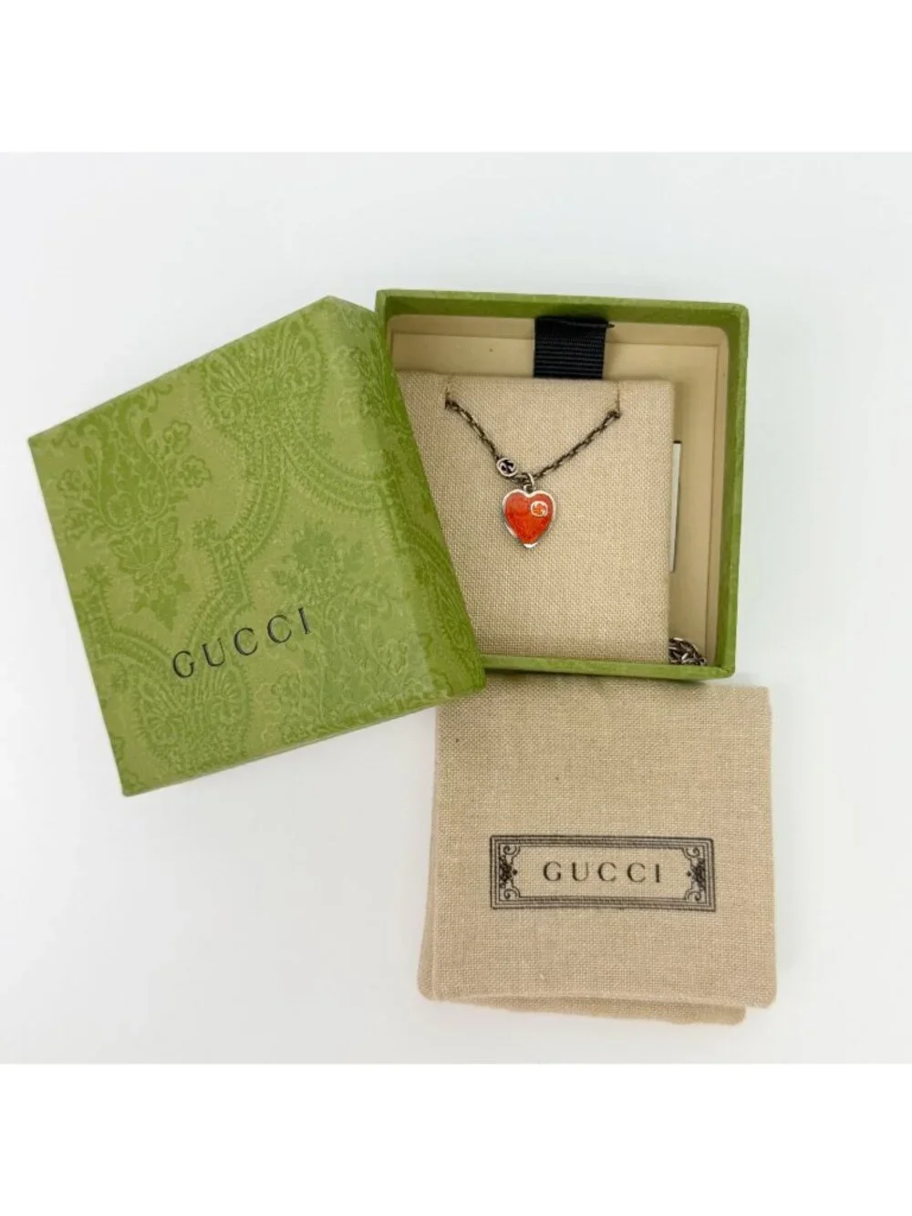 Gucci Interlocking Enamel Heart Necklace 925 Sterling Silver Red Vintage